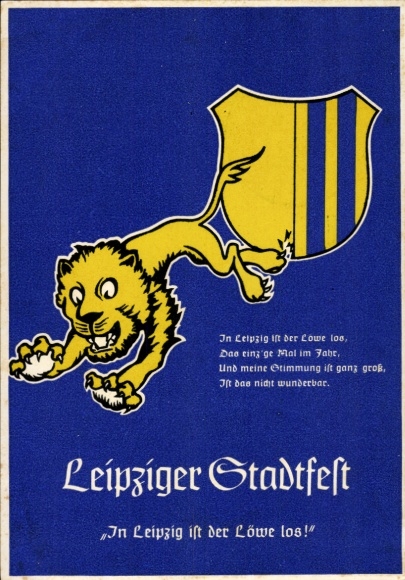 Postwaardekaart Leipzig in Saksen, Leipzig stadsfeest, de leeuw ligt los in Leipzig, wapenschild
