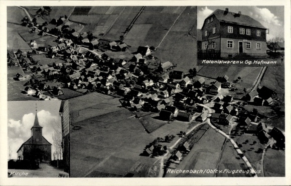 Postcard Reichenbach in Upper Franconia, aerial photograph, church, colonial goods by Gg. Hofmann