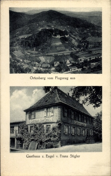 Postcard Ortenberg in Baden, aerial photograph, Gasthaus zum Engel by Franz Stigler