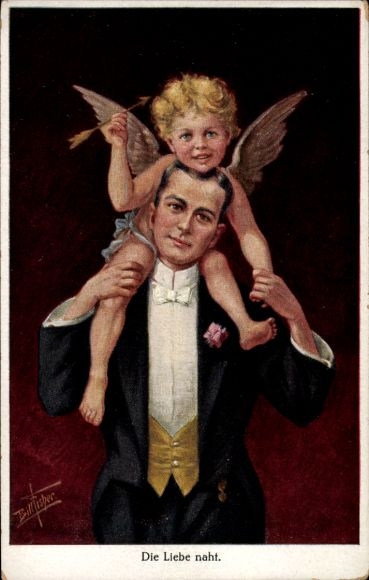 Artist Postcard Fisher, Bill, Love Approaches, Angel of Love, Young Man