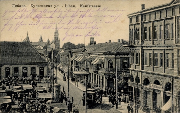 Postcard Liepaja Libau Latvia, shopping street, tram, market