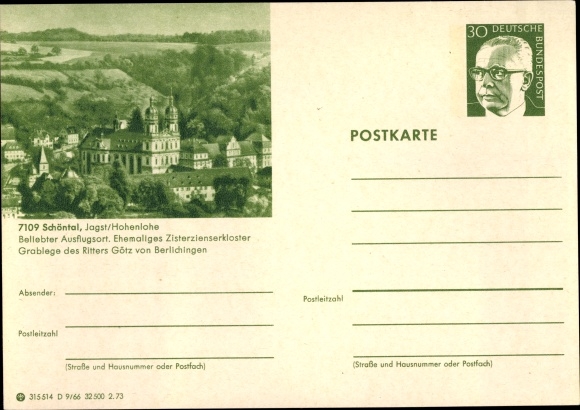 Postwaardestuk ansichtkaart Schöntal in Württemberg, gezicht op de stad met het voormalige cisterciënzerklooster