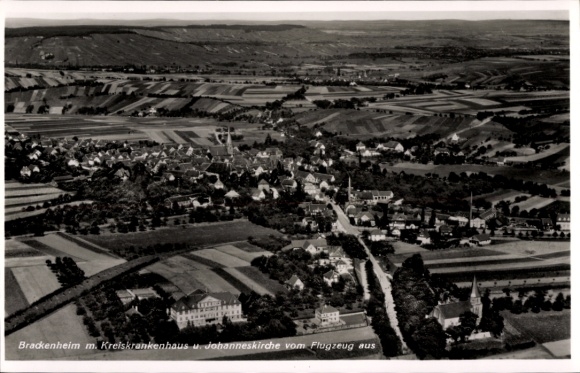 Postcard Brackenheim an der Zaber Württemberg, aerial view of the district hospital, St. John's Church
