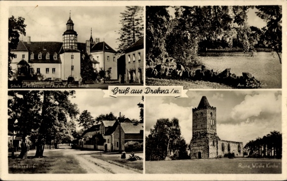 KP Fürstlich Drehna Luckau na Dolnych Łużycach, zamek, szkoła, Am Ziegelteich, ruiny kościoła pustynnego