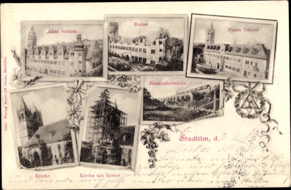 Ak Stadtilm in Thüringen, Altes Schloss, Ruine, Neues Schloss, Eisenbahnbrücke, Kirche