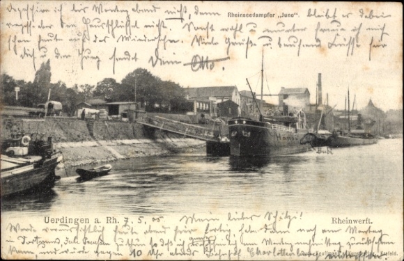 Ak Uerdingen Krefeld am Niederrhein, Rheinseedampfer Juno, Rheinwerft