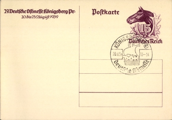 Postwaardekaart Kaliningrad Königsberg Oost-Pruisen, 27e Duitse Oostmarkt 1939