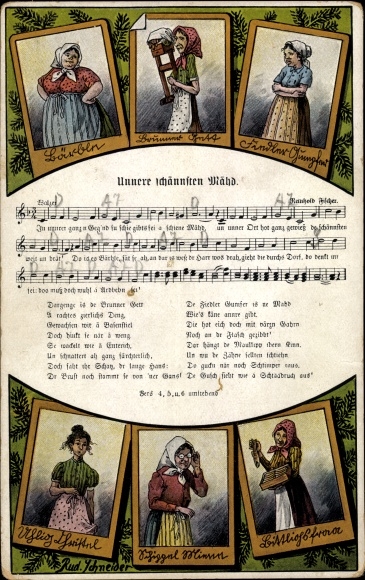 Artist song Postcard Schneider, Rud., Reinhold Fischer, Unnere schännsten Mähd, publishing house Wilhelm Vogel