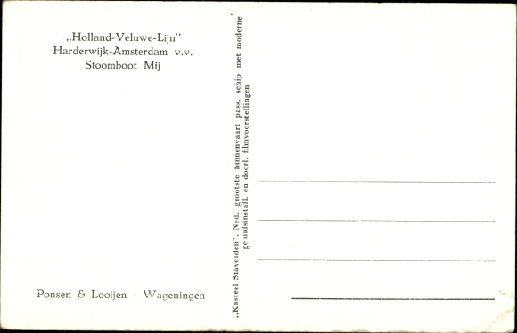 Postcard Holland Veluwe Line, Harderwijk Amsterdam vv Stoomboot Mij
