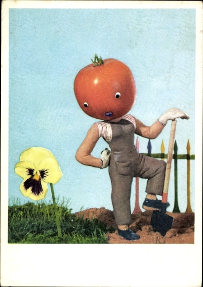 Postcard Vegetables humanized, gardener with tomato head, pansies