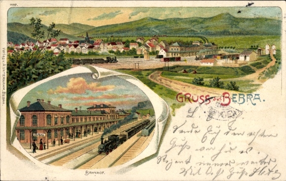 Litho Bebra an der Fulda Hessen, Gesamtansicht, Bahnhof, Bahnhofsrestaurant Carl Schwerdtfeger