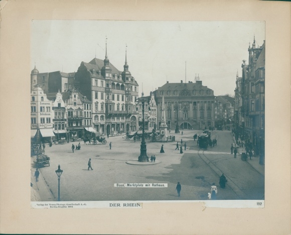 Photo Bonn am Rhein, around 1870, town hall, clockmaker*, tram, shop**, the red jug