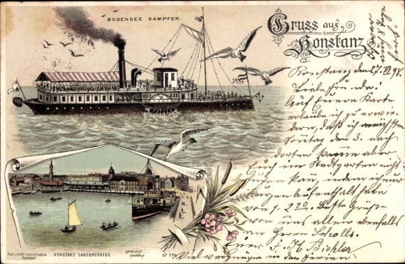 Litho Konstanz am Bodensee, Dampfer, Landungssteg