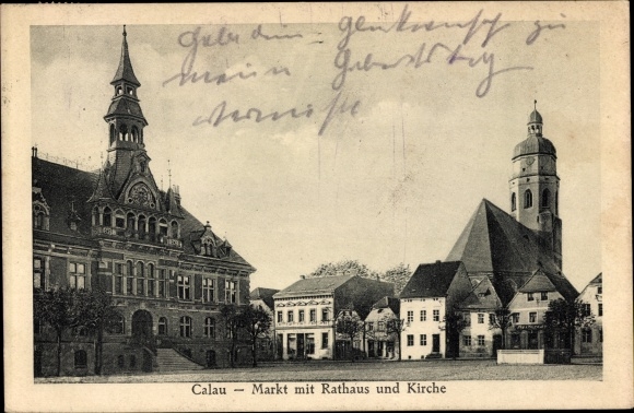 Ak Calau in Neder-Lausitz, markt, gemeentehuis, kerk