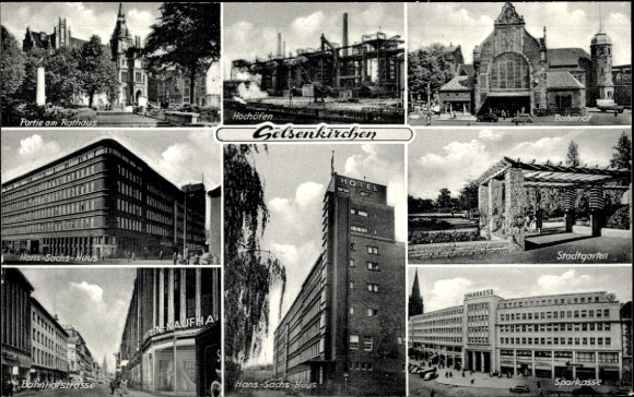 Postcard Gelsenkirchen, city garden, train station, savings bank, town hall, Hans Sachs House, blast furnaces, department store