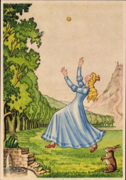 Artist Postcard Fairy Tale The Frog Prince, Brothers Grimm, Princess with Golden Ball, Rabbit