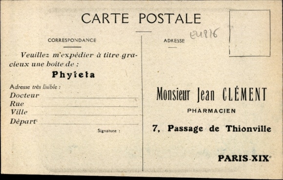 Ansichtkaart Parijs XIX, Pharmacien Jean Clement, Phyteta