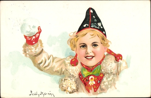 Artist PC Nyström, J., Girl in folk costume, snowball