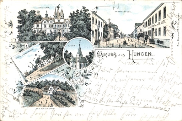 Chromo-Litho Hungen in Hesse, castle, Hotel Solmser Hof, Gasthof zur Traube, Zum Kühlen Grund