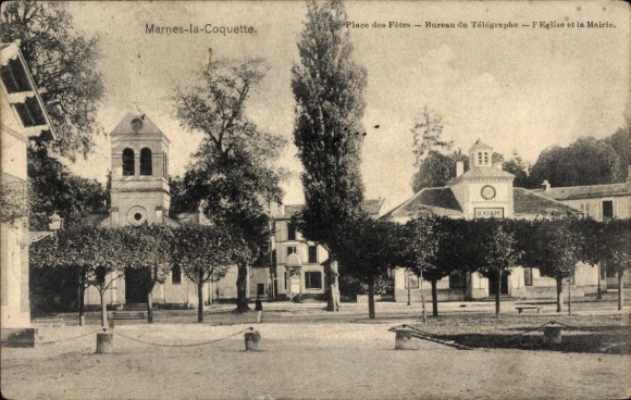 Ak Marnes la Coquette Hauts de Seine, Place des Fetes, Bureau du Telegraphe, Kirche, Rathaus
