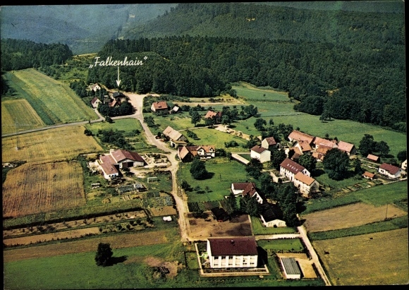 Postcard Hermersbergerhof Wilgartswiesen in the Palatinate, aerial view of the village with Gasthof Falkenhain