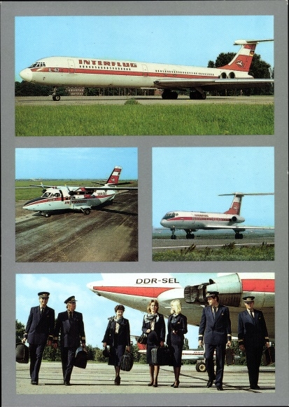 Postcard German passenger plane Ilyushin IL 62, Interflug, DDR SEL, pilots, stewardess