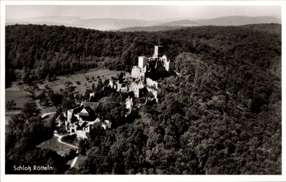 Postcard Rötteln Haagen Lörrach in Baden, aerial view of the castle surrounded by forests