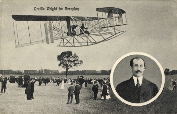 Ak Orville Wright in Aeroplan, luchtvaartpionier, Biplan