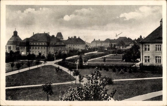 Ak Arnsdorf in Sachsen, Teilansicht der Landesanstalt, Parkanlage, Bäume, Gebäude, Himmel und ...