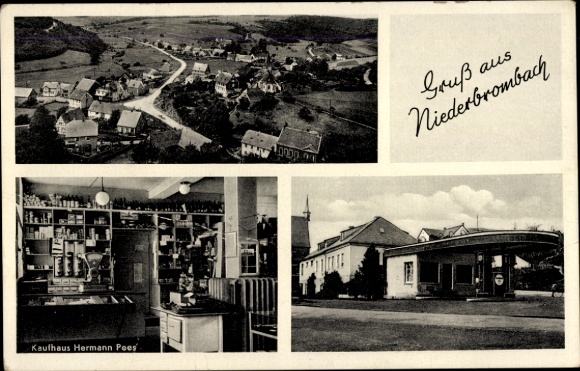 Postcard Niederbrombach an der Nahe, aerial view of the village, petrol station, Hermann Pees department store