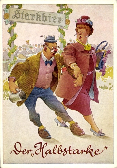 Artist Postcard Munich, The Halbstarke, Woman picks up man from Oktoberfest, beer mug, strong beer