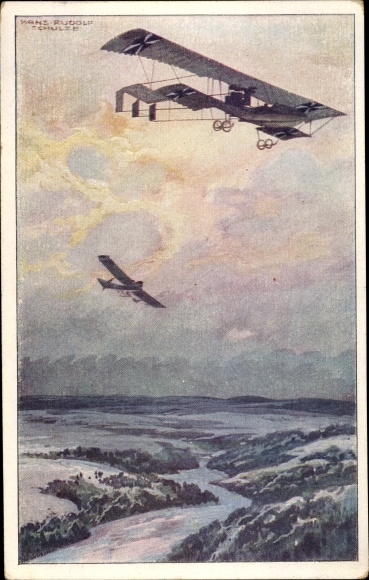 Artist PC Schulze, Hans Rudolf, military biplane on a reconnaissance trip over the Argonne Forest