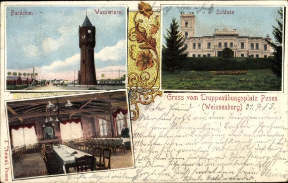 Postcard Biedrusko Weißenburg Posen, military training area, barracks, water tower, castle