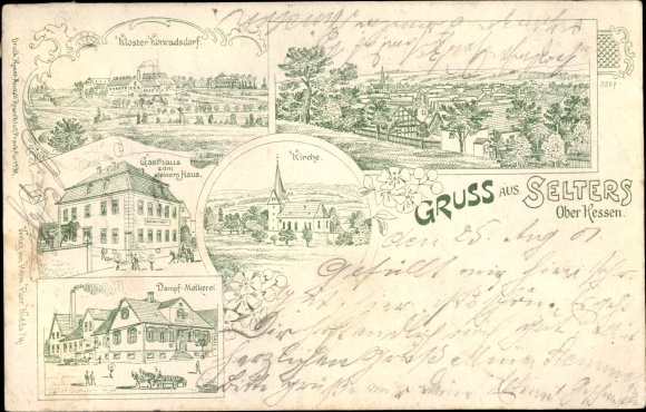 Chromo-Litho Selters in Taunus Hesse, total view, Konradsdorf monastery, inn at the stone house