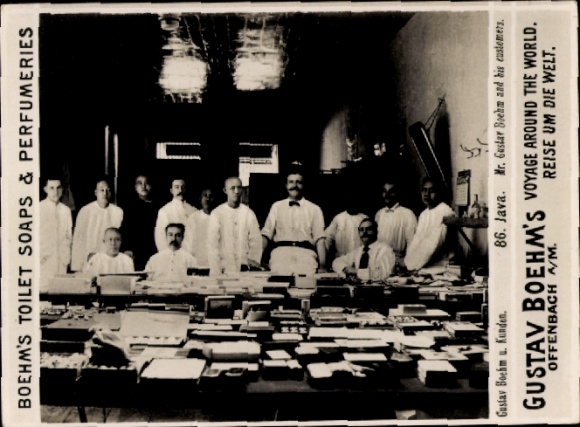 Photo Java Indonesia, Gustav Boehm with customers, advertising Boehm's Toilet Soap