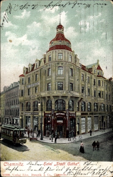 Postcard Chemnitz in Saxony, Hotel Stadt Gotha, Automat Restaurant, Tram