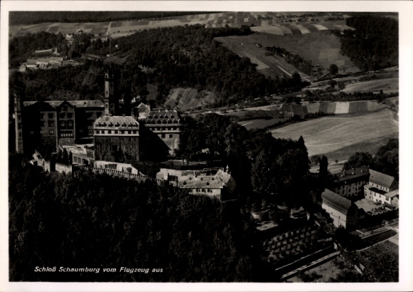 Postcard Balduinstein on the Lahn, Schaumburg Castle, aerial photograph