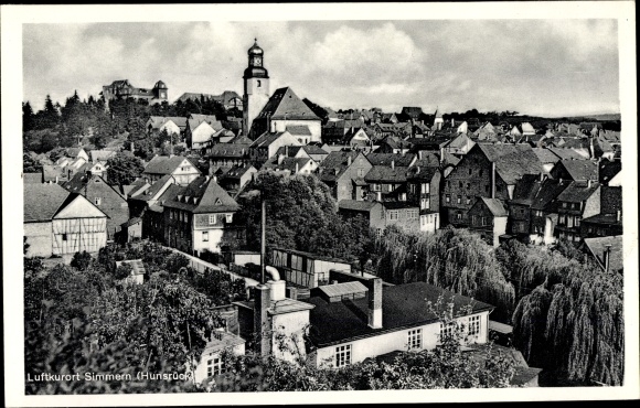 Postcard Simmern im Hunsrück, partial view of the place, church