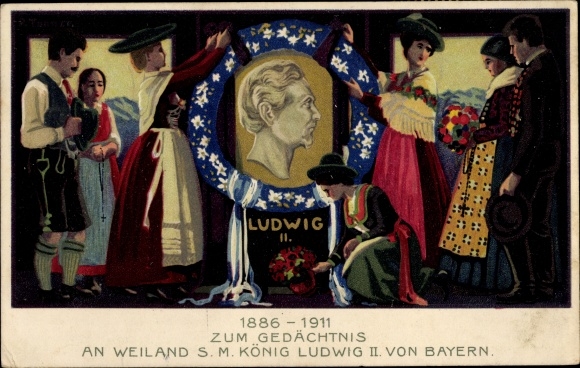Artist postal stationery PC in memory of Weiland King Ludwig II of Bavaria, Bavarian costume