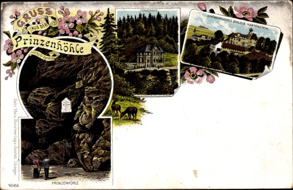 Chromo-Litho Hartenstein in the Erzgebirge of Saxony, Greetings from the Prince&#39;s Cave, Forester&#39;s House, Hartenstein Castle