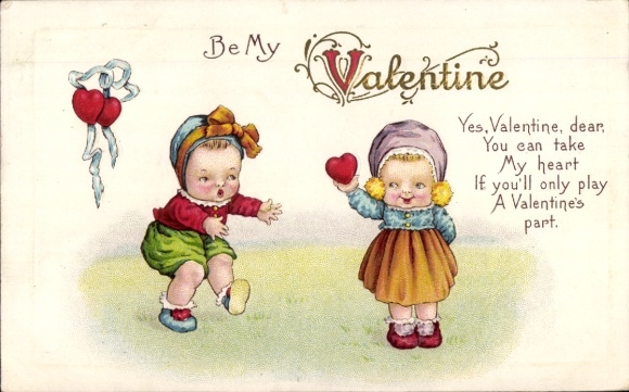 Postcard Valentine's Day, boy and girl, heart