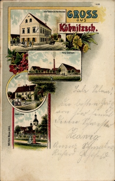 litho Kühnitzsch Lossatal Saksen, herberg, school, kerk