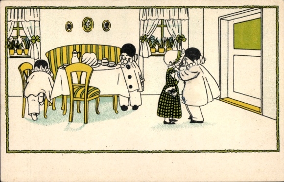 Postcard Children at the table, lovers, kiss, Pierrot