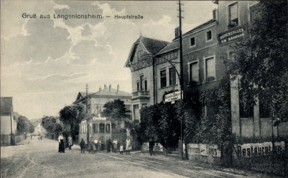 Postcard Langenlonsheim on the Nahe Pfalz, main street, Restaurant Hohenzoller at the train station
