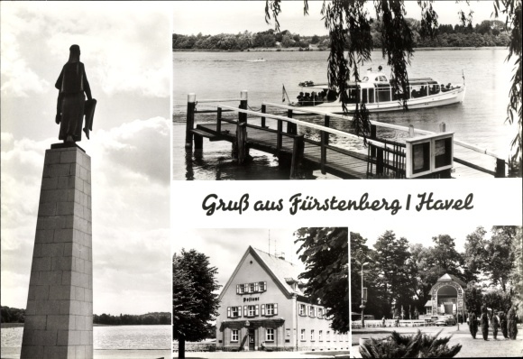 Postcard Fürstenberg an der Havel, monument, pier, ferry, post office, stage