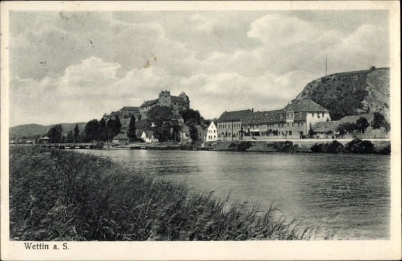 Postcard Wettin an der Saale, view across the water to the town