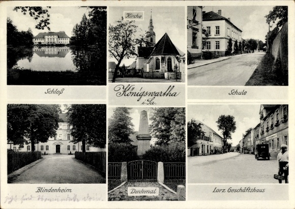 Ak Königswartha in Oberlausitz, kasteel, kerk, school, blinde woning, monument, Lorz-bedrijf