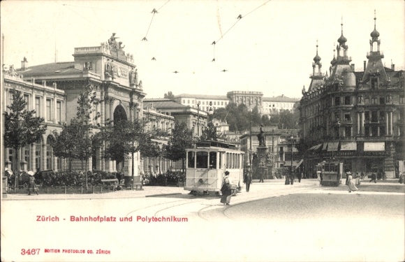 Postcard Zurich City Switzerland, Bahnhofplatz and Polytechnic, Tram