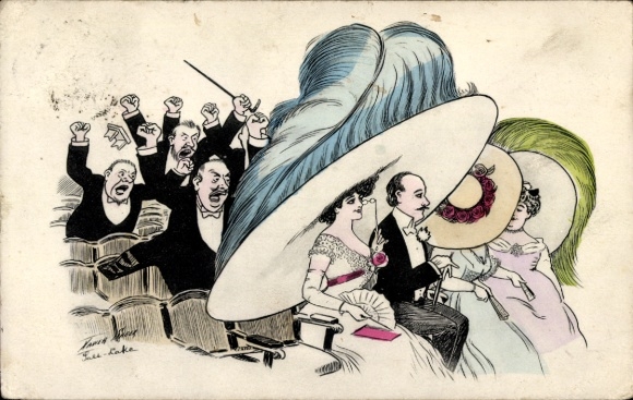 Kunstenaar Ak Sager, Xavier, Concertzaal, Vrouwen met grote hoeden