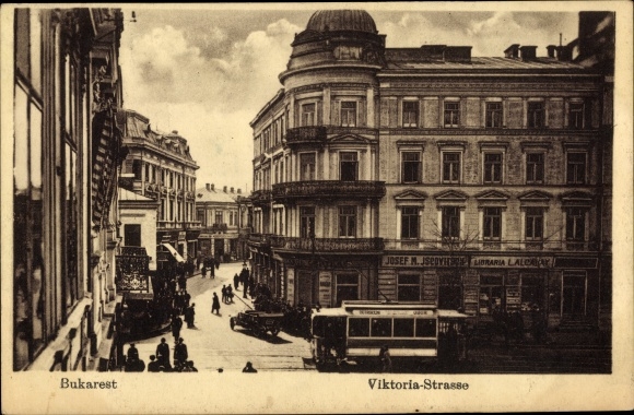 Postcard București Bucharest Romania, Viktoria Street, bookstore, tram